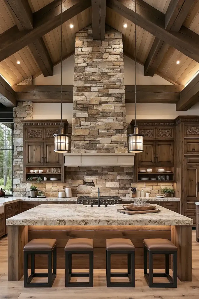 29 Rustic Modern Kitchen Designs That Balance Warmth and Clean Style 20 Rich rustic kitchen with a pale stone chimney, massive timber beams, carved dark wood cabinetry, a stone-topped wood island, and lantern pendants.