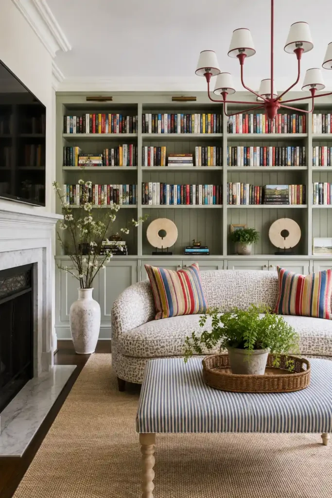 20 Best Living Room Color Combinations for a Warm Feel 6 Warm cream living room with sage-green built-in shelves, a curved pale sofa, striped cushions, and a striped upholstered bench.