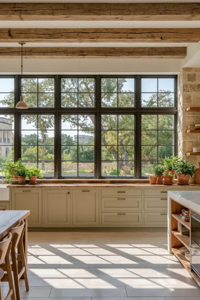 29 Rustic Modern Kitchen Designs That Balance Warmth and Clean Style 14 Calm kitchen with sage-green shaker cabinets, exposed wood beams, open shelving, terracotta pots, plants, and large dark-framed windows.