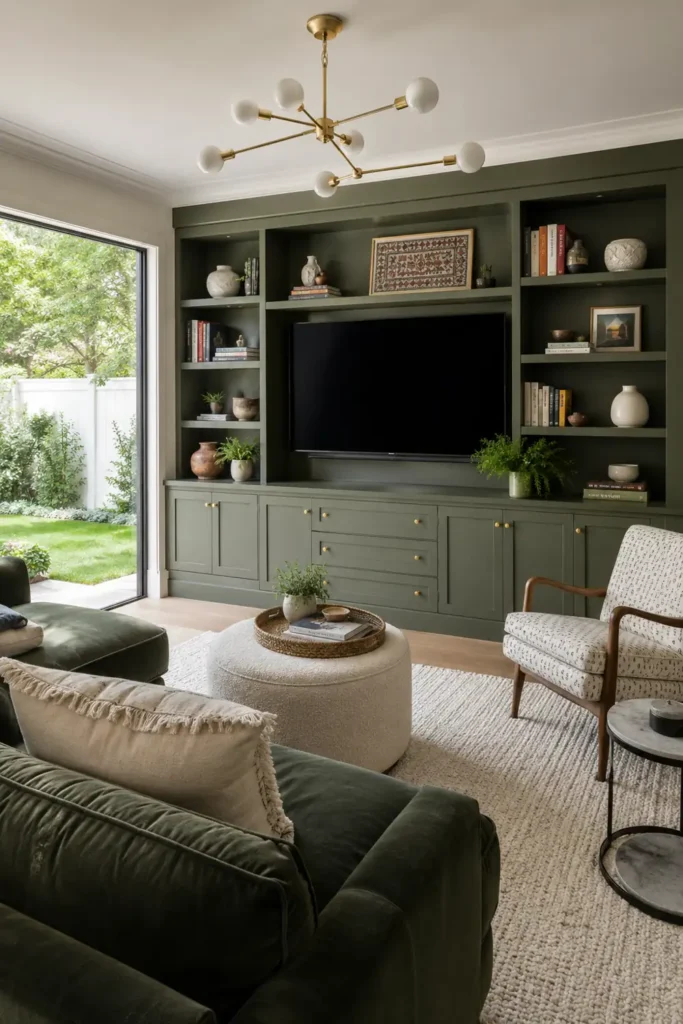 23 Living Room Bookshelf Styling Ideas for a Beautiful, Collected Space 3 Sage green living room media wall styled with colorful books, neutral ceramics, brass details, a green velvet sofa, and textured seating.