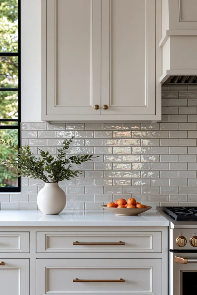 Glass Tile Backsplash Kitchen Ideas for Color, Texture, and Shine 13 Soft neutral kitchen with glossy taupe-gray glass tile, greige cabinetry, brass hardware, greenery, oranges, and a stainless steel range.