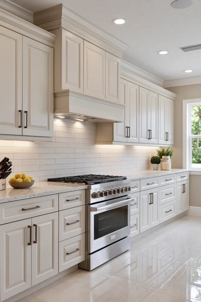 29 Neutral Kitchen Cabinet Ideas for a Calm, Timeless Kitchen 8 Warm beige raised-panel kitchen cabinets with crown molding, a paneled range hood, pale stone counters, and dark metal pulls.