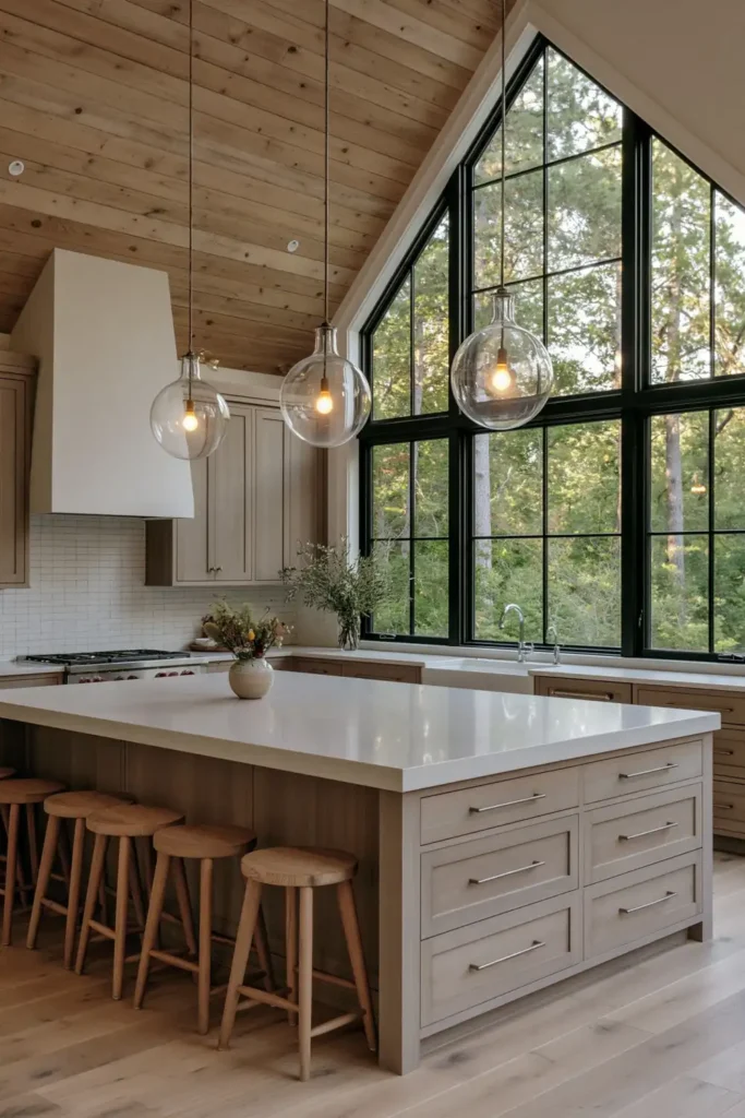 29 Barndominium Kitchen Designs for Rustic, Modern, and Timeless Spaces 13 Scandinavian barndominium kitchen with pale wood cabinetry, a white waterfall island, natural wood stools, glass globe pendants, and a large triangular window.