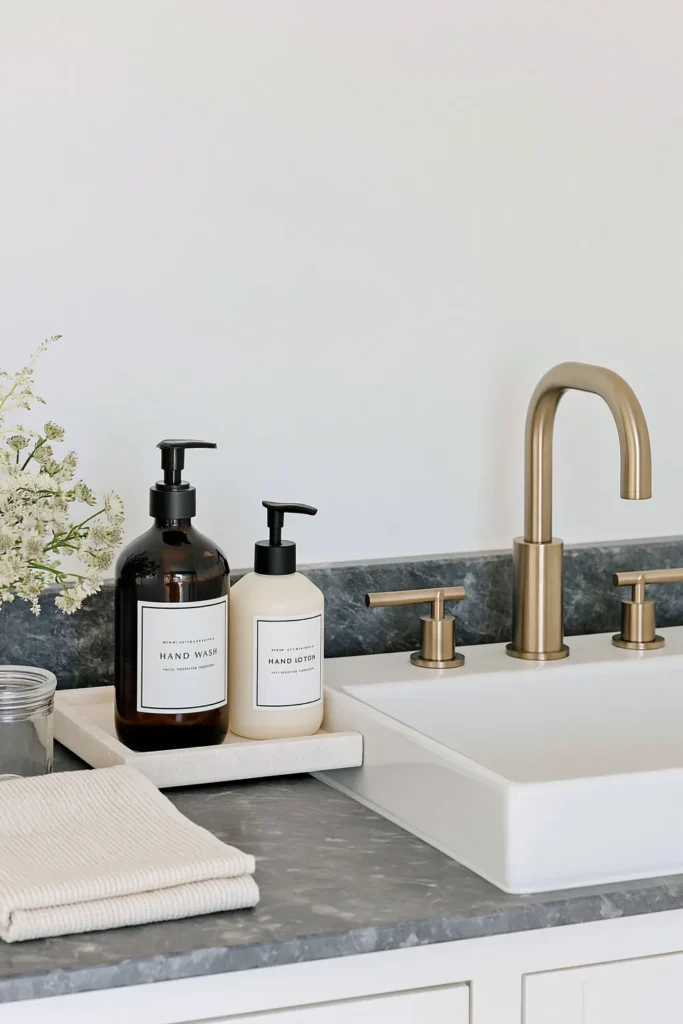 21 Guest Bathroom Decorating Ideas for a Friendly Space 15 Minimal guest bathroom tray with scented hand wash, hand cream, a gold faucet, and white flowers.