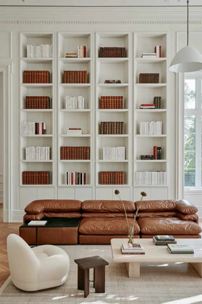 23 Living Room Bookshelf Styling Ideas for a Beautiful, Collected Space 17 Sculptural white wave-style bookshelves with antique books, cognac leather seating, a cream chair, stone coffee table, and herringbone flooring.