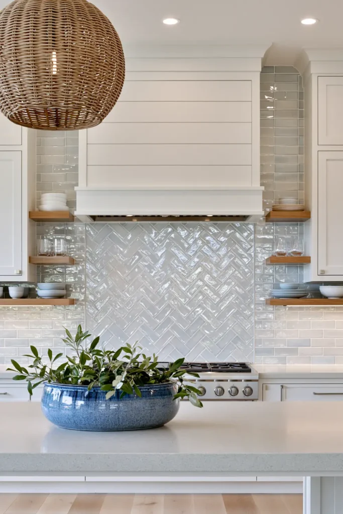 Glass Tile Backsplash Kitchen Ideas for Color, Texture, and Shine 3 Bright coastal kitchen with seafoam herringbone glass tile, white cabinetry, wood shelves, rattan pendant, and a blue-green island.