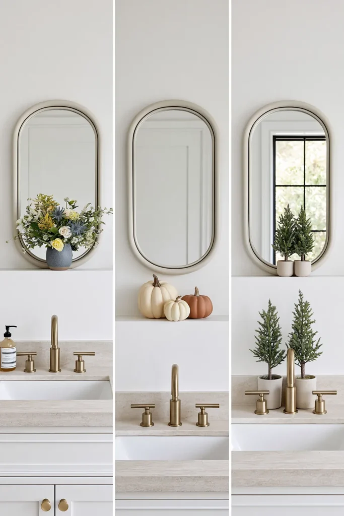 21 Guest Bathroom Decorating Ideas for a Friendly Space 19 Seasonal guest bathroom countertop decor with fresh flowers, small faux pumpkins, and miniature winter trees.