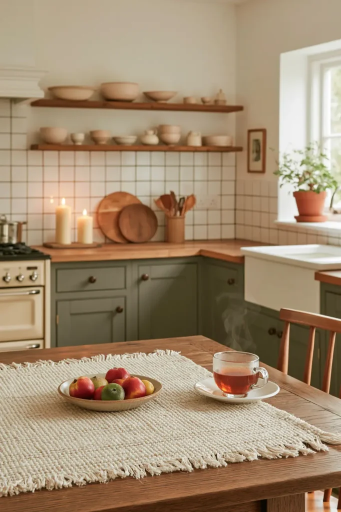 How to Create a Warm Kitchen That Feels Like Home: 18 Warm and Welcoming Ideas 17 Warm seasonal kitchen with glowing pillar candles, a textured table runner, fruit bowl, steaming tea, wood accents, and soft daylight.