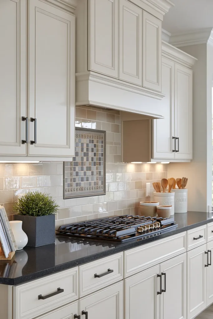 29 Neutral Kitchen Cabinet Ideas for a Calm, Timeless Kitchen 19 Sepia raised-panel kitchen cabinets with glossy black stone counters, pale tiled backsplash, dark hardware, and warm under-cabinet lighting.