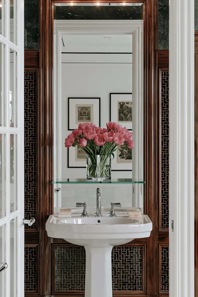 20 Bathroom Shelf Styling Ideas for Beautiful, Practical Storage 16 Warm brown powder room with a slim glass shelf, bright pink flowers, small toiletries, white pedestal sink, and mirror.