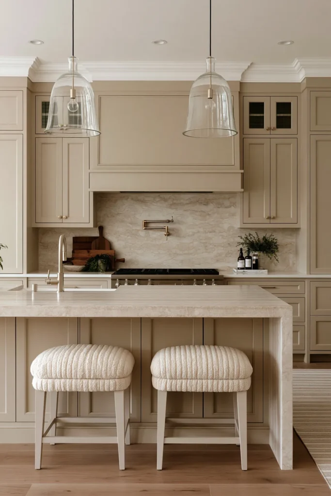 21 Stylish Beige Kitchen Cabinet Ideas for a Warm, Timeless Kitchen 9 Slab beige kitchen cabinets with a light stone waterfall island, cream rounded stools, clear glass pendants, veined stone backsplash, and brass pot filler.