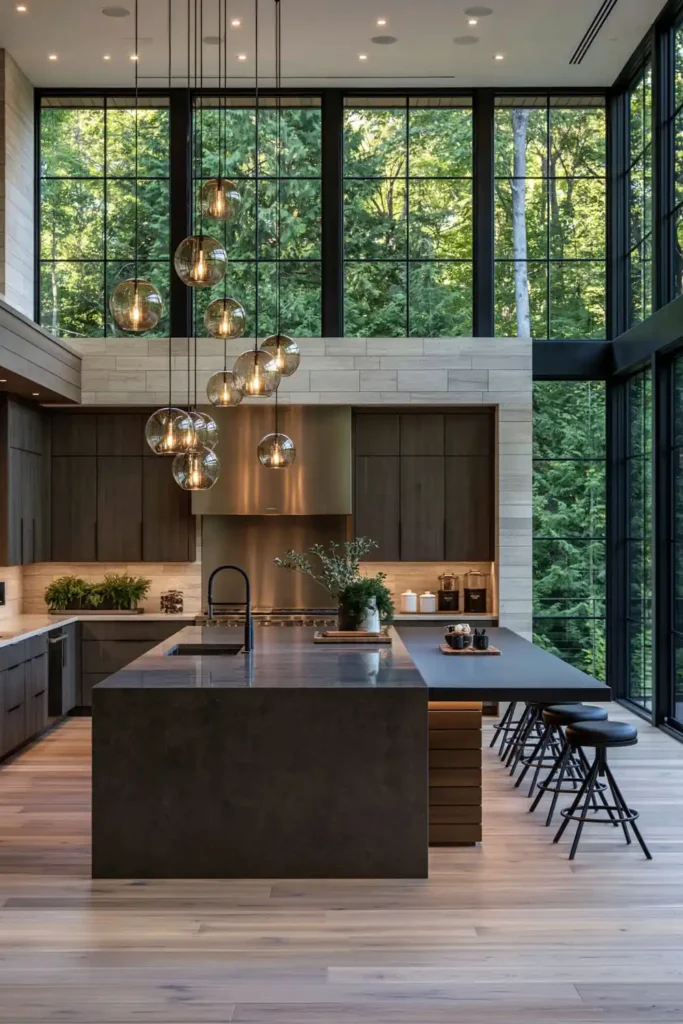 29 Barndominium Kitchen Designs for Rustic, Modern, and Timeless Spaces 4 Sleek contemporary barndominium kitchen with a glossy dark waterfall island, black cabinetry, amber globe pendants, and tall black-framed windows.