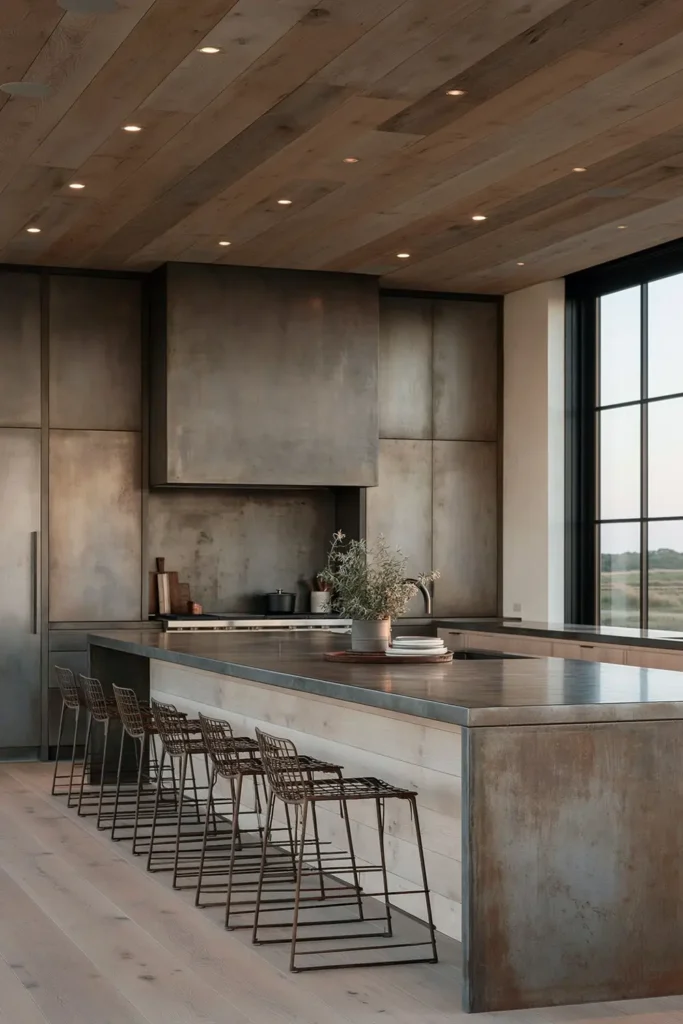 29 Barndominium Kitchen Designs for Rustic, Modern, and Timeless Spaces 16 Sleek steel barndominium kitchen with a reflective stainless island, metal cabinetry, wire-grid stools, a large hood, and warm wood-plank ceiling.