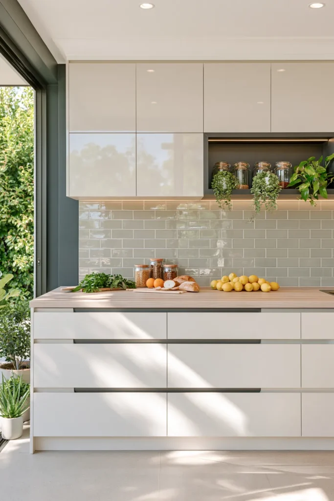 29 Neutral Kitchen Cabinet Ideas for a Calm, Timeless Kitchen 7 White flat-panel kitchen cabinets with a pale wood counter, gray-green subway tile, dark green walls, and abundant potted plants.