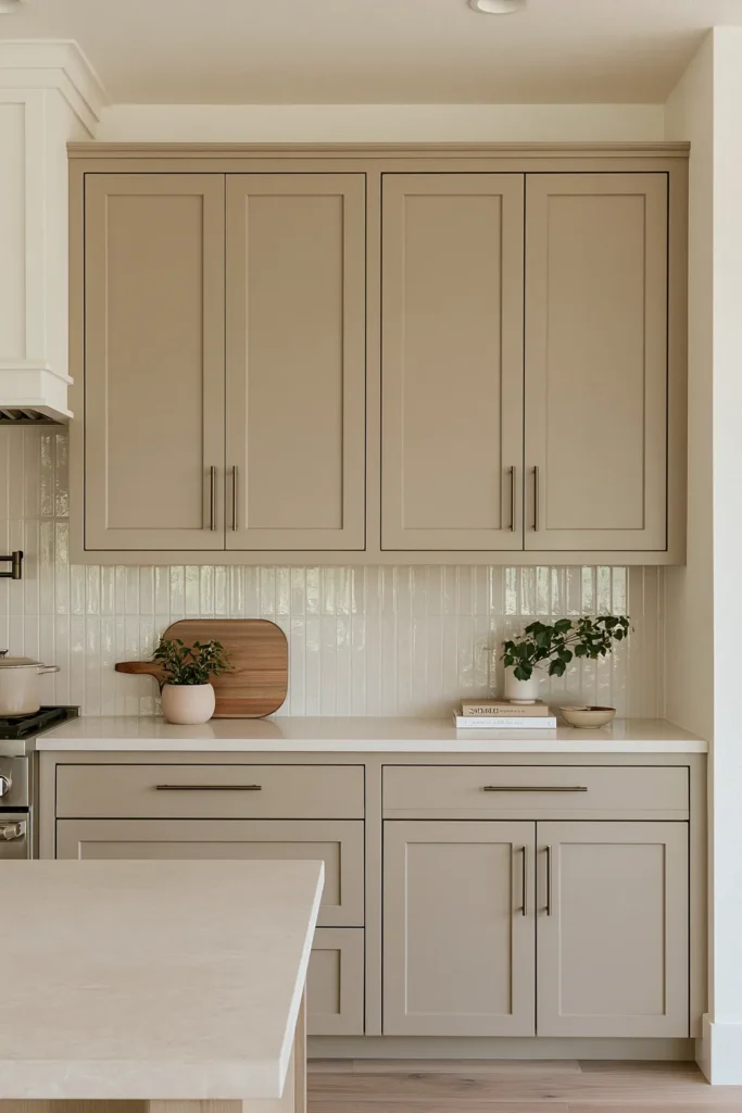 21 Stylish Beige Kitchen Cabinet Ideas for a Warm, Timeless Kitchen 8 Slim beige shaker kitchen cabinets with narrow recessed frames, long metal pulls, pale countertop, vertical glossy backsplash, wood cutting board, and small potted plant.