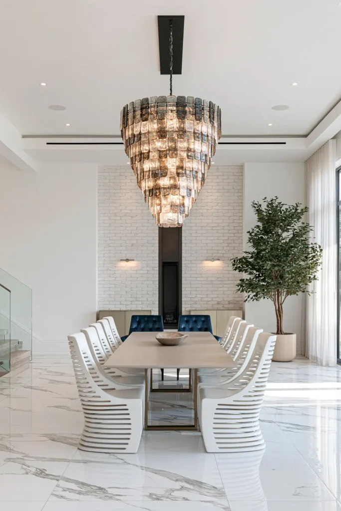 8 Formal Dining Room Ideas That Actually Feel Welcoming 4 Glamorous formal dining room with a smoked amber glass chandelier, white sculptural chairs, blue tufted armchairs, and glossy veined flooring.