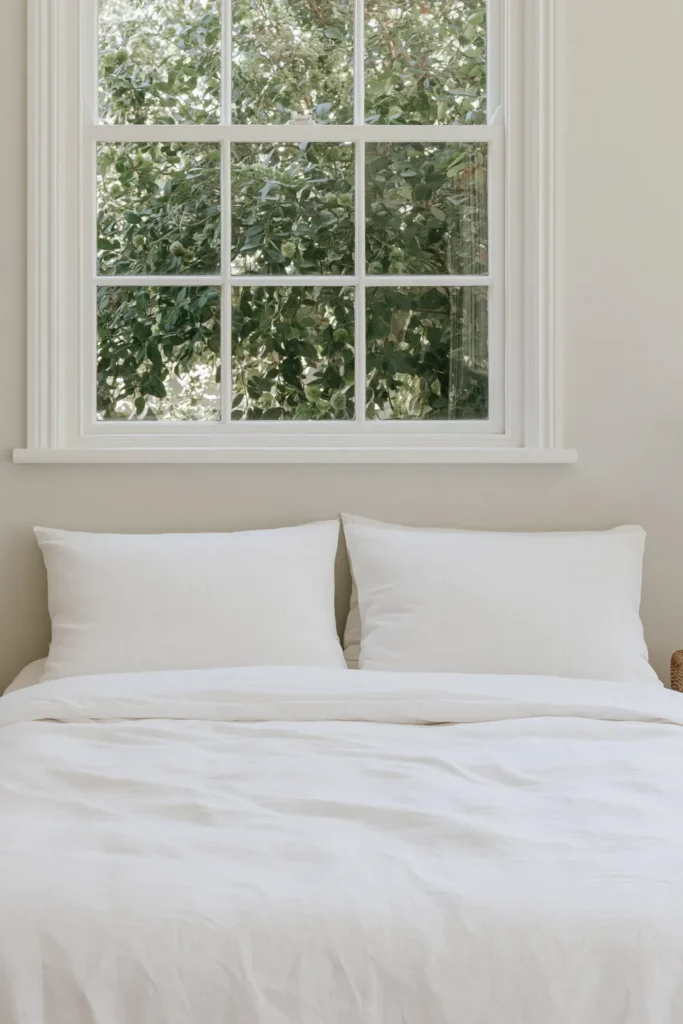 How to Style a Guest Bedroom Like a Hotel: 9 Thoughtful Details 3 Bright guest bedroom with white bedding beneath a sunlit window and a soft gray-and-white palette.