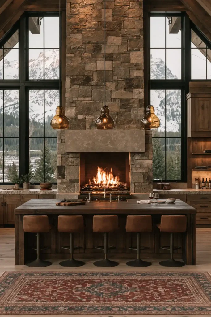 29 Rustic Modern Kitchen Designs That Balance Warmth and Clean Style 6 Alpine rustic modern kitchen with a dark wood island, stone fireplace, leather stools, tall black-framed windows, and mountain views.