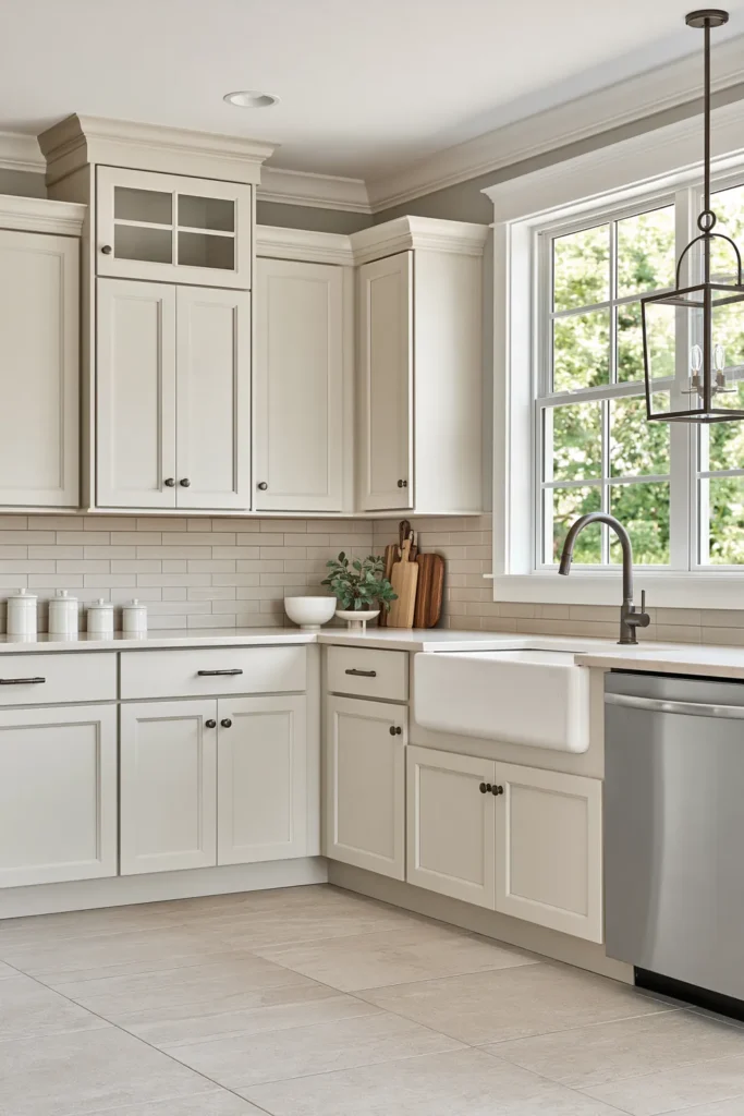 29 Neutral Kitchen Cabinet Ideas for a Calm, Timeless Kitchen 2 Warm beige raised-panel kitchen cabinets with crown molding, farmhouse sink, pale stone counters, and a clear-glass lantern pendant.