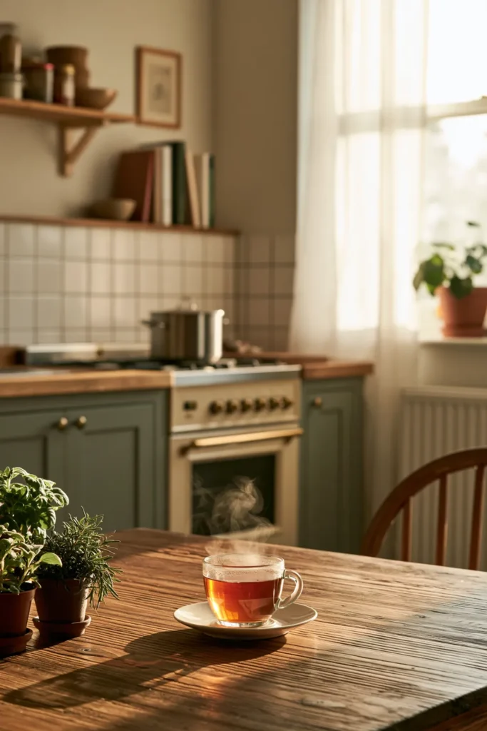 How to Create a Warm Kitchen That Feels Like Home: 18 Warm and Welcoming Ideas 10 Cozy sage-green kitchen with sheer linen window treatments diffusing natural light over a wooden table and steaming tea.