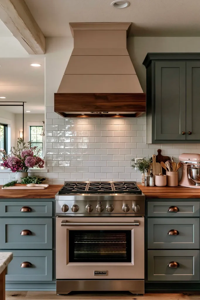 29 Barndominium Kitchen Designs for Rustic, Modern, and Timeless Spaces 27 Soft pastel barndominium kitchen with mint-aqua cabinets, a vintage-style pink range and hood, butcher-block counters, and white subway tile.