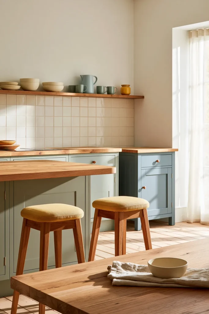 How to Create a Warm Kitchen That Feels Like Home: 18 Warm and Welcoming Ideas 6 Cozy kitchen with sage-green cabinets, dusty blue storage, buttery-yellow seating, natural wood, and soft morning light.