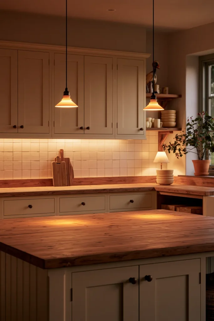 How to Create a Warm Kitchen That Feels Like Home: 18 Warm and Welcoming Ideas 2 Cozy cottage kitchen with cream cabinets, warm pendant lights, under-cabinet lighting, natural wood countertops, and soft amber evening light.