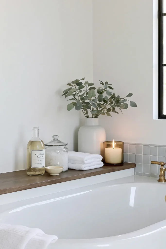 21 Guest Bathroom Decorating Ideas for a Friendly Space 9 Spa-like guest bathroom zone with bubble bath, bath salts, a folded white towel, candle, and natural wood ledge.