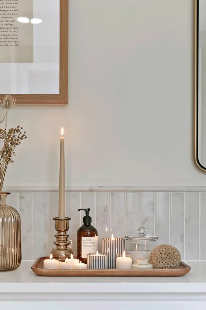 21 Guest Bathroom Decorating Ideas for a Friendly Space 21 Spa-like guest bathroom ledge with amber candles, a wooden tray, bath accessories, dried stems, and warm candlelight.
