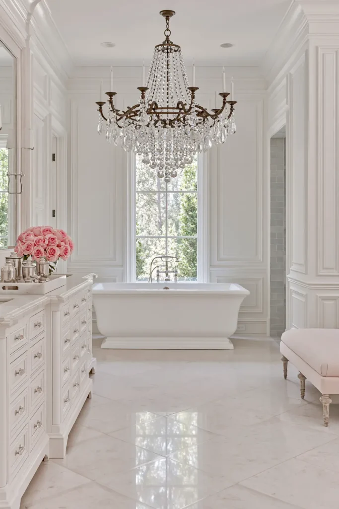 Timeless vs. Trendy Home Decor: 20 Ideas for a Well-Proportioned, Beautiful Home 11 White bathroom with a crystal-draped dark metal chandelier above a freestanding tub, marble flooring, and paneled walls.