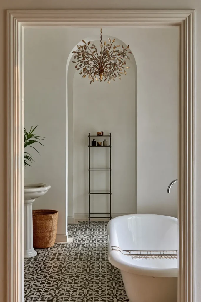 20 Bathroom Shelf Styling Ideas for Beautiful, Practical Storage 11 White bathroom with a slim freestanding dark metal shelf, sculptural decor, clawfoot tub, pedestal sink, woven basket, and ornate chandelier.