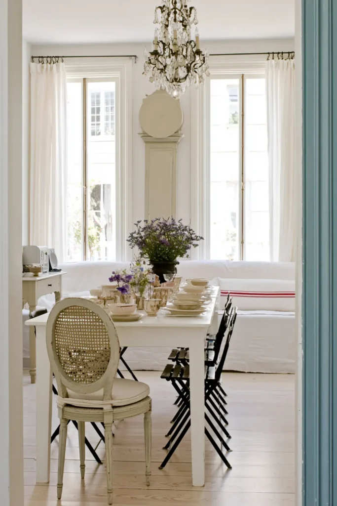 9 Mix and Match Dining Chair Ideas for a Stylish, Collected Look 6 Bright dining room with black café-style folding chairs and a contrasting pale cane-back end chair around a white table.