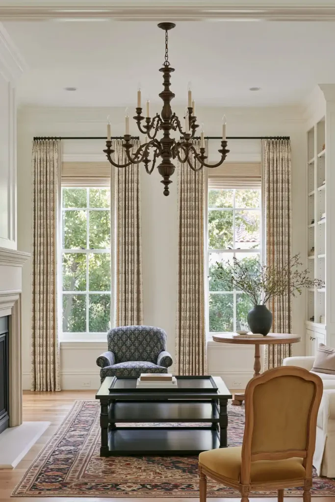 Layered Living Room Lighting Ideas for Every Mood 2 Neutral living room with a large ornate chandelier centered above the seating area, blue and mustard chairs, a fireplace, tall windows, and built-in shelving.