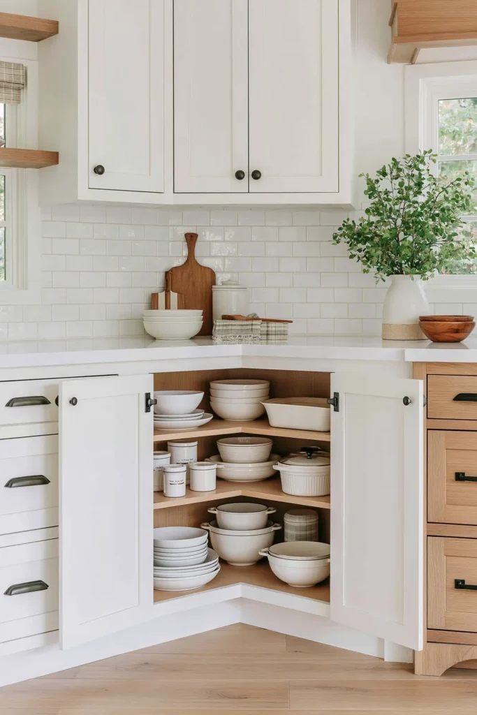 8 Kitchen Corner Cabinet Ideas for Smarter Storage 3 Deep kitchen corner cabinet with fixed stationary shelves storing bowls, dishes, and larger kitchen items.