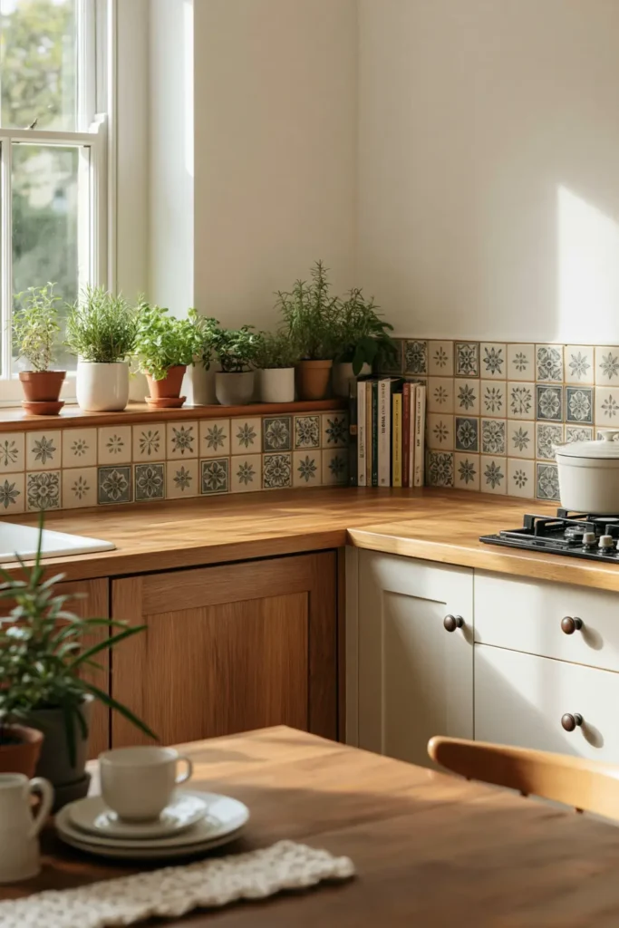 How to Create a Warm Kitchen That Feels Like Home: 18 Warm and Welcoming Ideas 16 Fresh kitchen herbs growing in terracotta and ceramic pots on a sunny windowsill above a sink with blue-and-white patterned tiles.