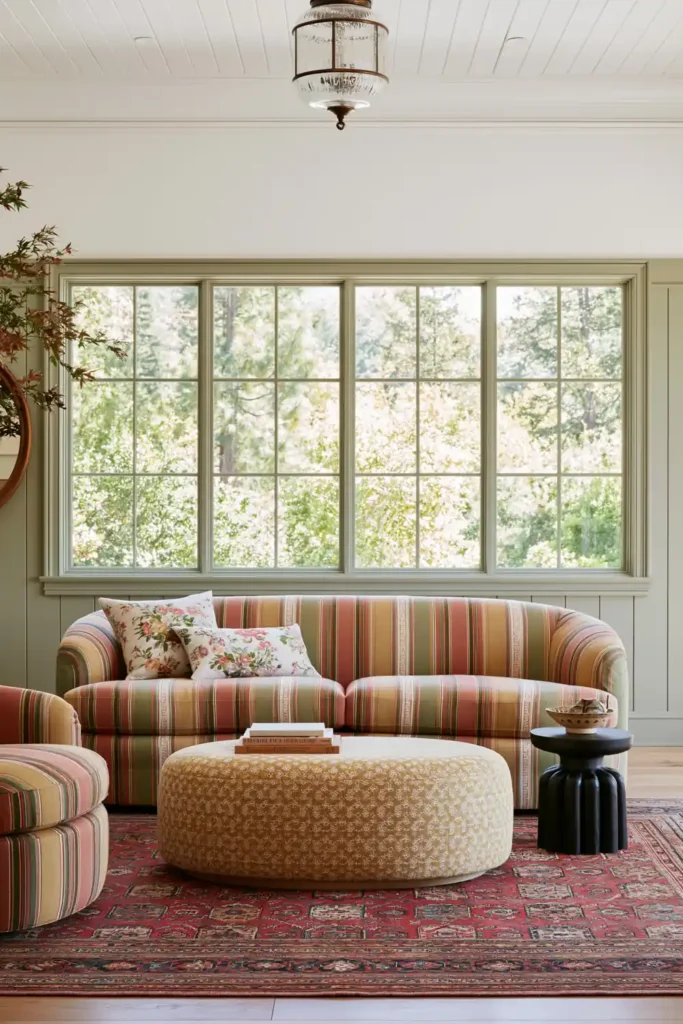 20 Best Living Room Color Combinations for a Warm Feel 10 Bright white living room with honey-yellow window trim, striped seating, floral cushions, a yellow ottoman, and a patterned red rug.