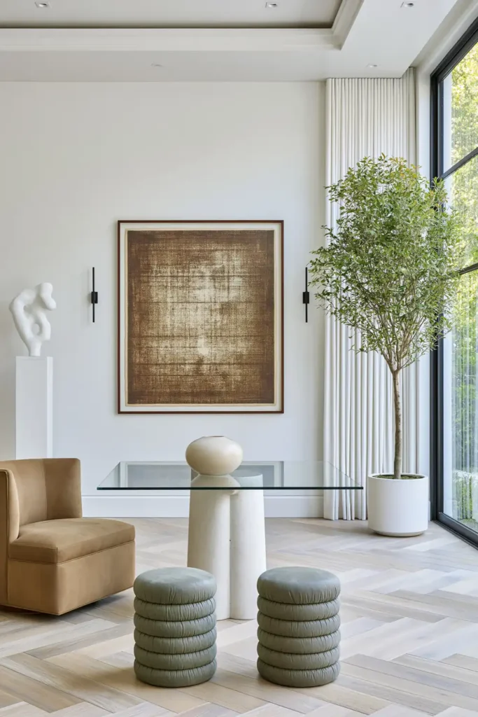 8 Formal Dining Room Ideas That Actually Feel Welcoming 9 Minimalist formal dining area with symmetrical black sconces, abstract artwork, a glass pedestal table, green stools, and herringbone flooring.