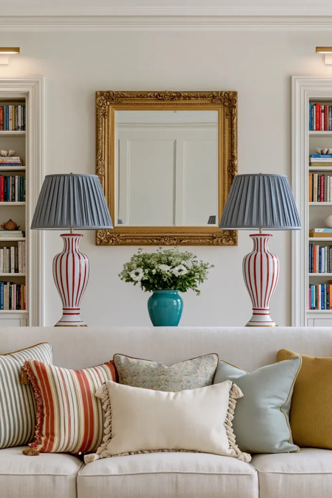 Layered Living Room Lighting Ideas for Every Mood 5 Pale sofa with colorful cushions, matching striped ceramic table lamps with blue-gray pleated shades, turquoise flower vase, and built-in bookshelves.