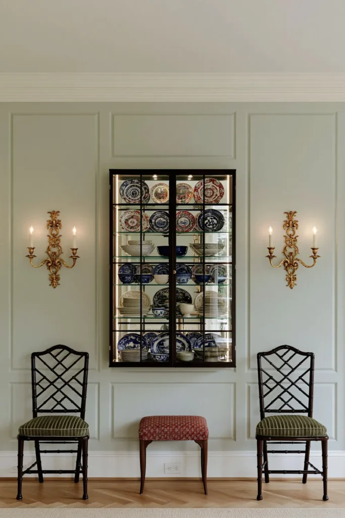 Layered Living Room Lighting Ideas for Every Mood 3 Pale aqua paneled wall with a dark mahogany display cabinet, symmetrical gilded wall sconces, lattice-back chairs, and colorful ceramics.