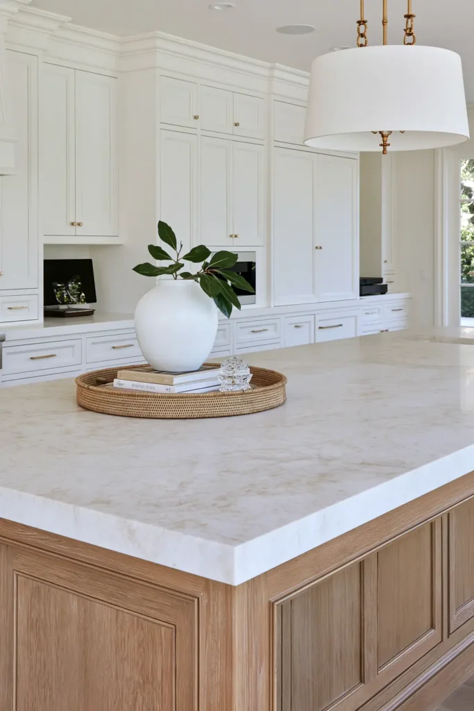 9 Blue and White Kitchen Remodel Ideas with Cozy Gold Accents 5 Pale quartzite kitchen island countertop with subtle beige-gray movement, warm oak cabinetry, woven tray, white vase, and oversized drum pendant.