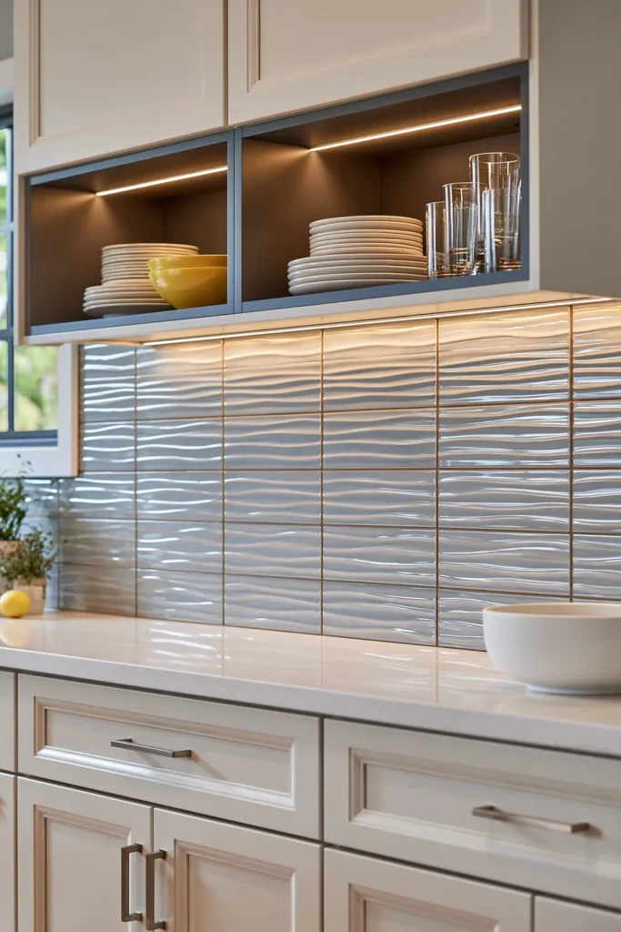 Glass Tile Backsplash Kitchen Ideas for Color, Texture, and Shine 11 Kitchen counter with pale wave-textured glass tile, warm hidden lighting, open cubbies, white dishes, and brushed metal hardware.