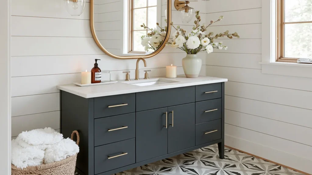 21 Guest Bathroom Decorating Ideas for a Friendly Space 23 Welcoming guest bathroom with a blue-green vanity, gold mirror, woven towel basket, candles, flowers, and patterned flooring.
Guest Bathroom Decorating Ideas