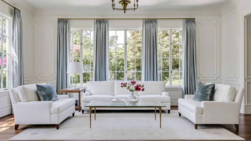 Timeless vs. Trendy Home Decor: 20 Ideas for a Well-Proportioned, Beautiful Home 22 Bright living room combining classic wall molding, cream seating, blue-gray drapes, natural wood accents, velvet pillows, and warm metal details.
Timeless vs. Trendy Home Decor