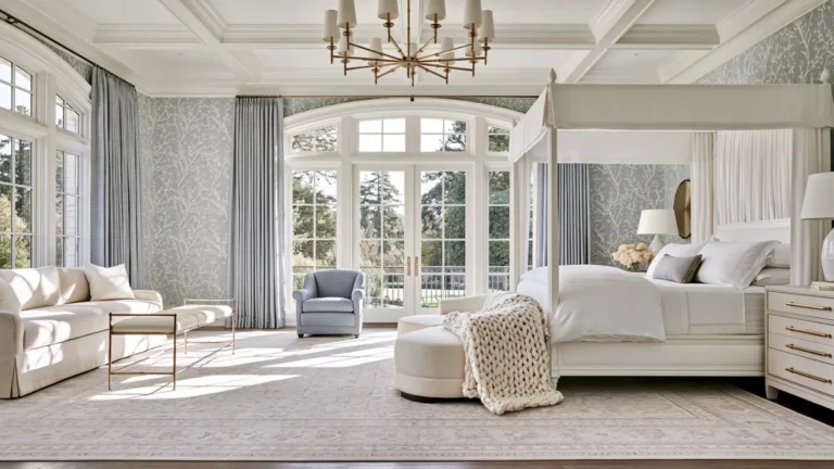 Timeless vs. Trendy Home Decor: 20 Ideas for a Well-Proportioned, Beautiful Home 9 Bright bedroom with a white four-poster bed, cream seating, blue-gray curtains, aqua botanical wallpaper, and a gold chandelier.
