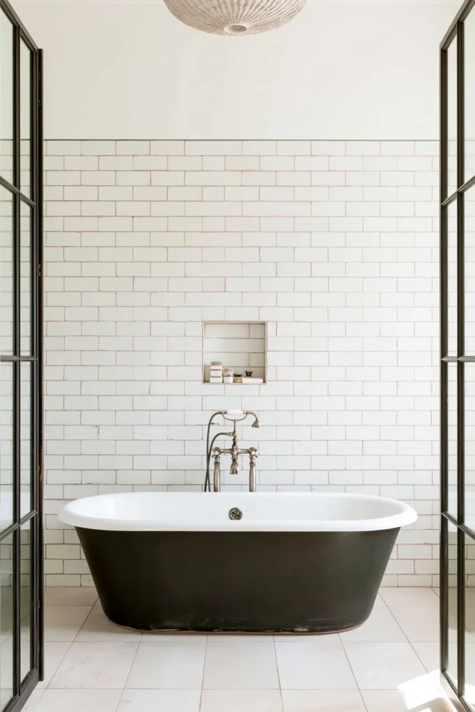 20 Bathroom Shelf Styling Ideas for Beautiful, Practical Storage 10 White subway-tile bathroom with a small square recessed niche, compact bath essentials, freestanding tub, and exposed metal tub filler.