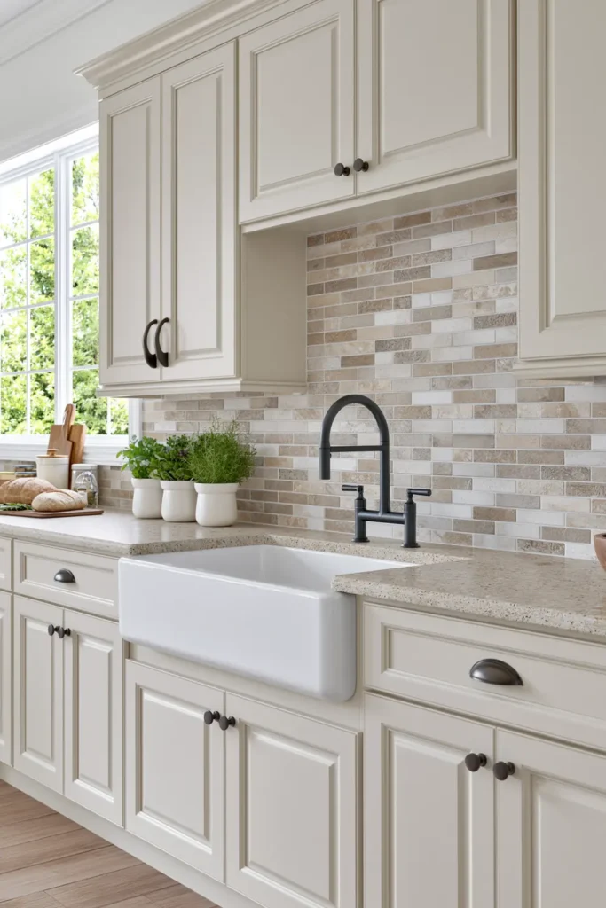 29 Neutral Kitchen Cabinet Ideas for a Calm, Timeless Kitchen 13 Warm almond-cream cabinets with a white farmhouse sink, mixed beige tile backsplash, speckled stone countertop, and black faucet.