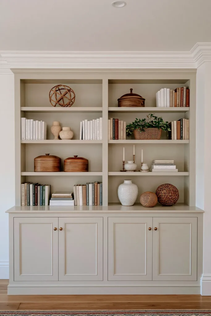 23 Living Room Bookshelf Styling Ideas for a Beautiful, Collected Space 11 Greige built-in bookshelves styled with white books, woven decor, wooden boxes, textured vases, candles, and soft green foliage.