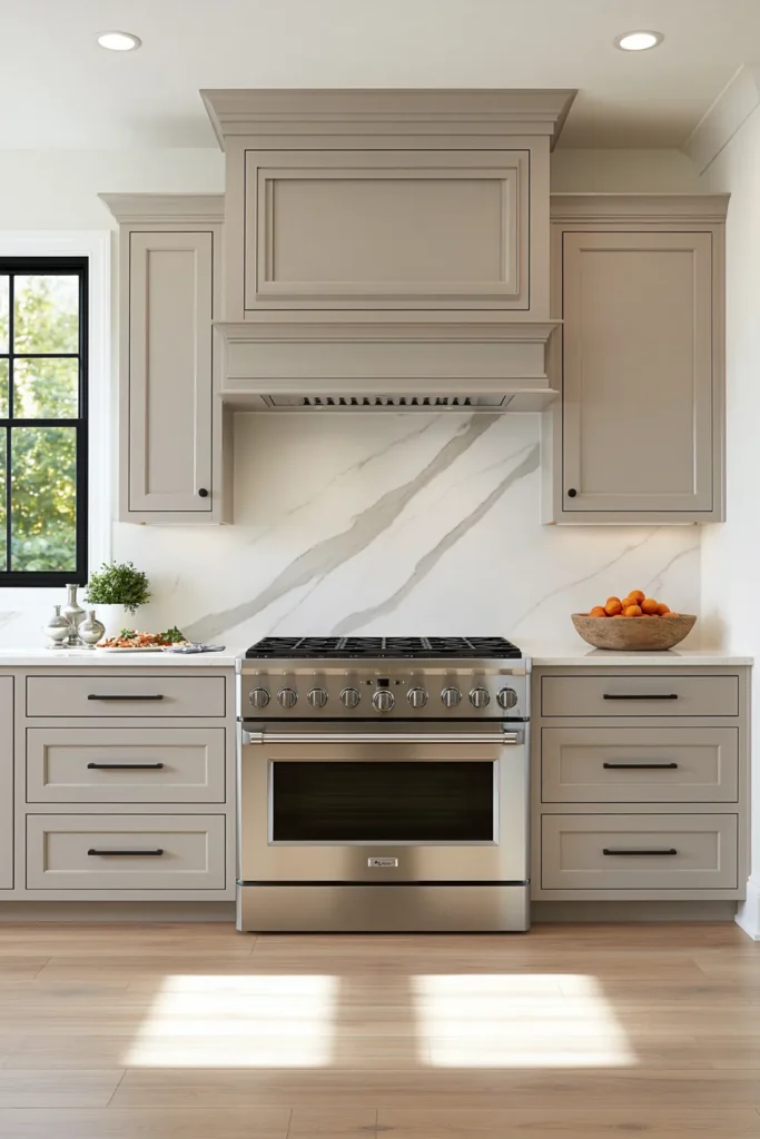 29 Neutral Kitchen Cabinet Ideas for a Calm, Timeless Kitchen 6 Taupe-gray traditional kitchen cabinets with a paneled hood, gray-veined marble backsplash, stainless range, and light wood flooring.
