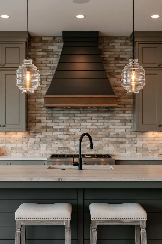 29 Barndominium Kitchen Designs for Rustic, Modern, and Timeless Spaces 20 Transitional barndominium kitchen with a blue-gray island, upholstered nailhead stools, dark range hood, pale brick-style backsplash, and glass pendants.