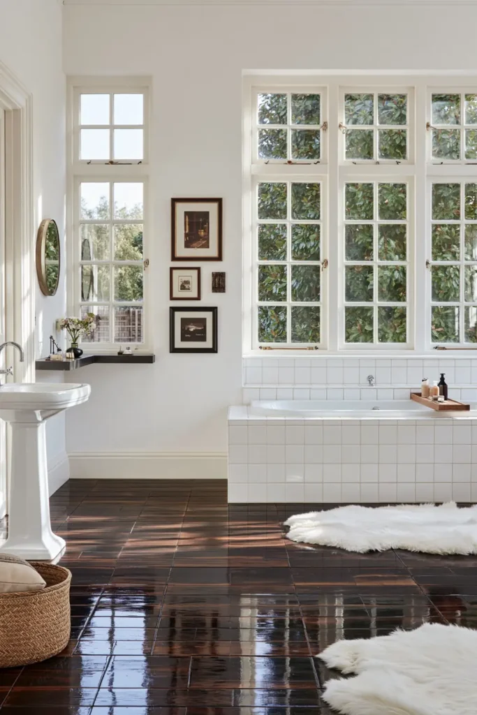 20 Bathroom Shelf Styling Ideas for Beautiful, Practical Storage 5 Bright white bathroom with a freestanding tub, wooden bath tray, wall art, narrow ledge, flowers, pedestal sink, and dark wood flooring.